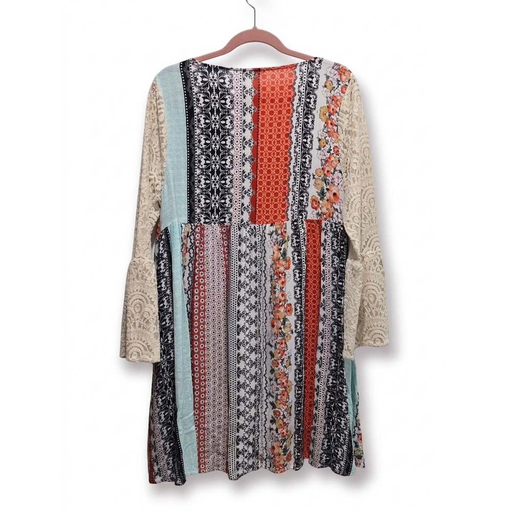 Kori America Boho Mixed Patchwork Lace Bell Sleeve V-Neck Mini Dress Large - Picture 7 of 7